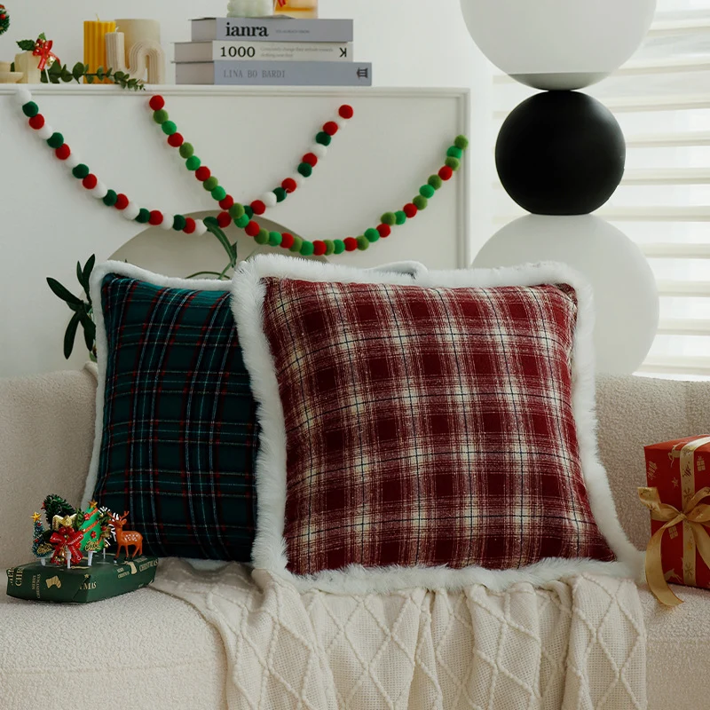 Checked flannel decorative pillow cover with teddy trim and concealed zipper Stornfield