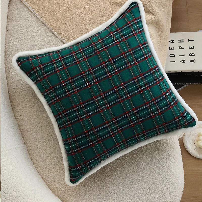Checked flannel decorative pillow cover with teddy trim and concealed zipper Stornfield