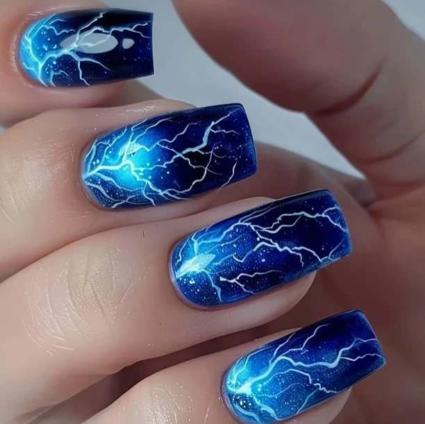 Lightning-Patterned Acrylic Nail Art Enhancements Stornfield