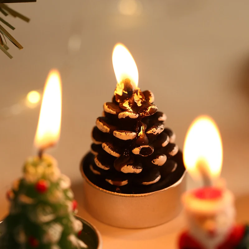 Miniatur Weihnachts Skulptur Tee Licht Kerzen Set mit Metallbecher Neuheit Weihnachtsmann Schneemann Tannenzapfen Baum Designs