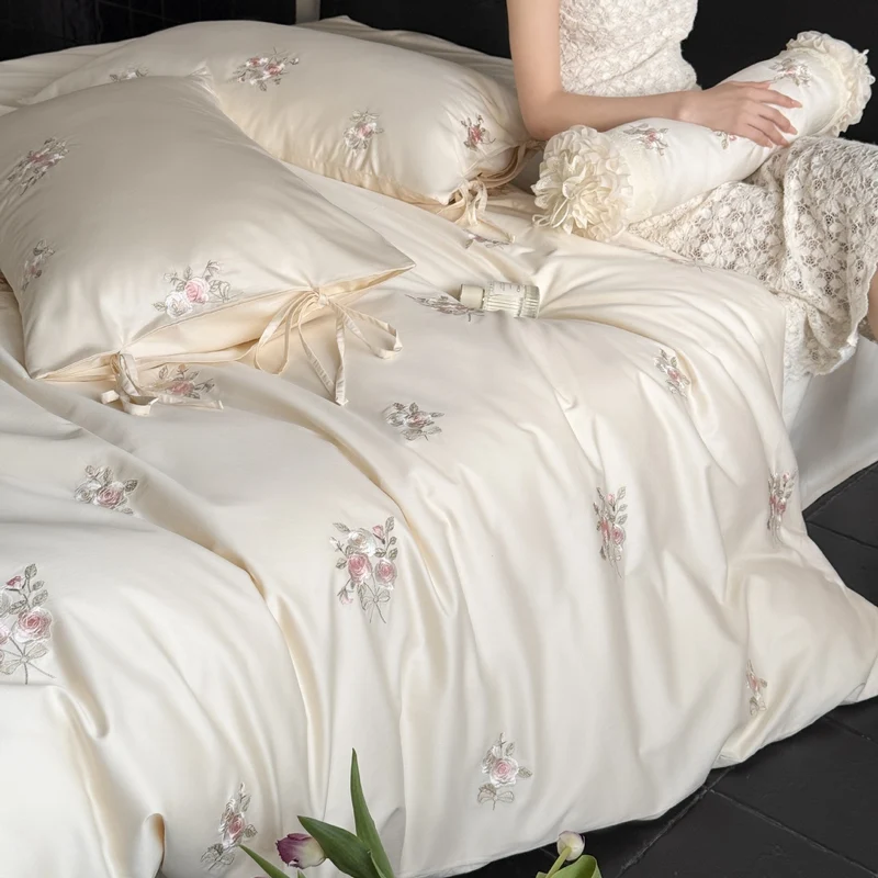 Satin bed linen set with floral hand embroidery and silky shiny finish Stornfield