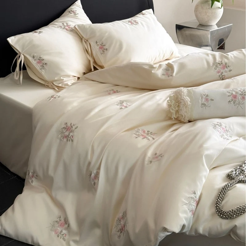 Satin bed linen set with floral hand embroidery and silky shiny finish Stornfield