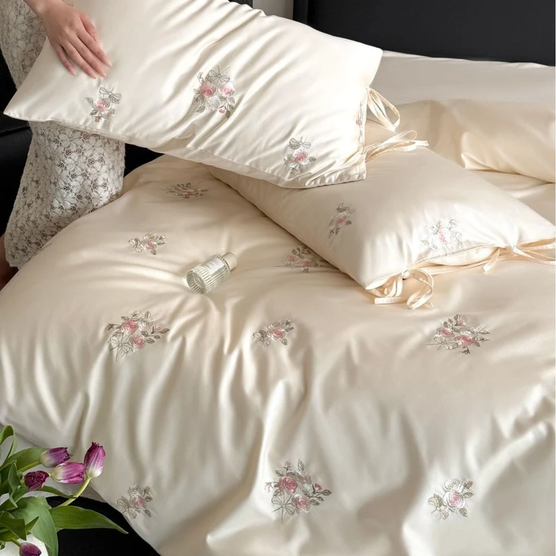 Satin bed linen set with floral hand embroidery and silky shiny finish Stornfield