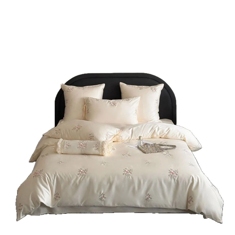 Satin bed linen set with floral hand embroidery and silky shiny finish Stornfield