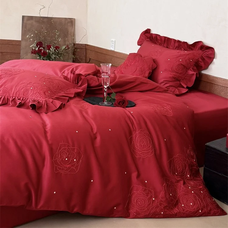 Satin bedding set with rose embroidery, ruffled pillow and decorative pillow Stornfield