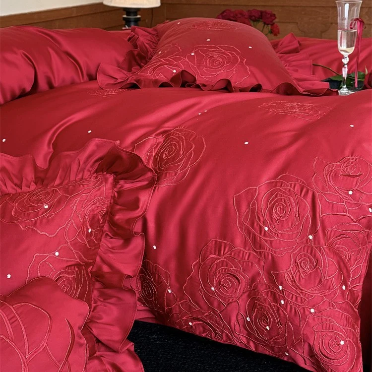 Satin bedding set with rose embroidery, ruffled pillow and decorative pillow Stornfield