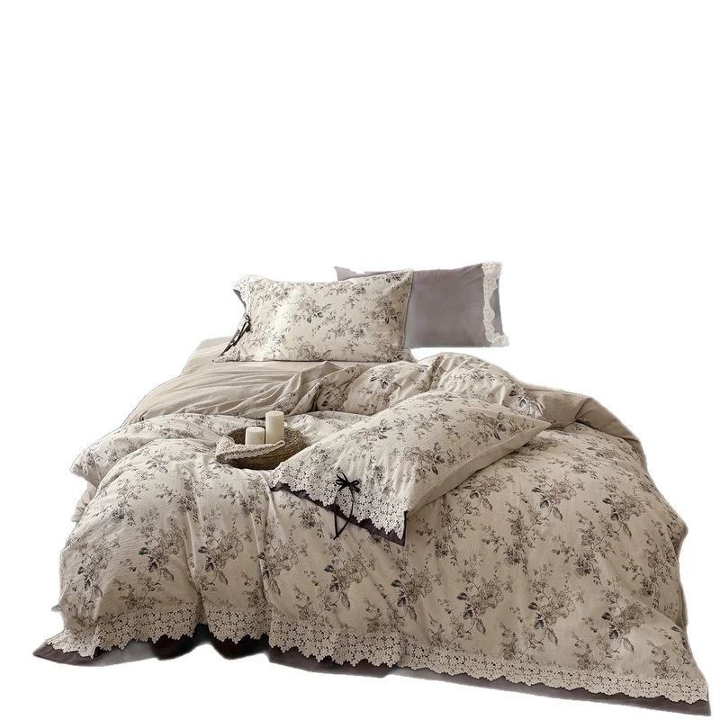Satin bed linen set with romantic floral pattern and lace border Stornfield