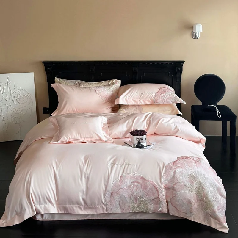 Satin bedding set with floral relief embroidery and velvety shine Stornfield