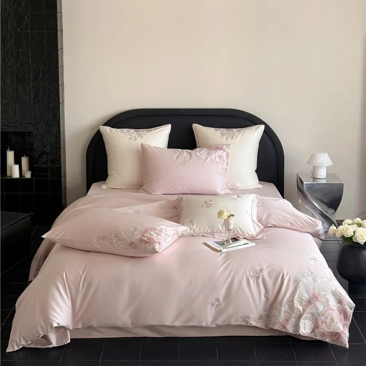 Satin bedding set with floral relief embroidery and velvety shine Stornfield