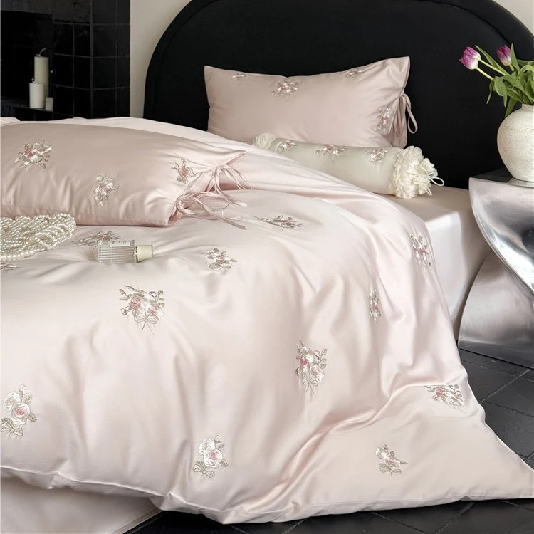 Satin bedding set with floral relief embroidery and velvety shine Stornfield