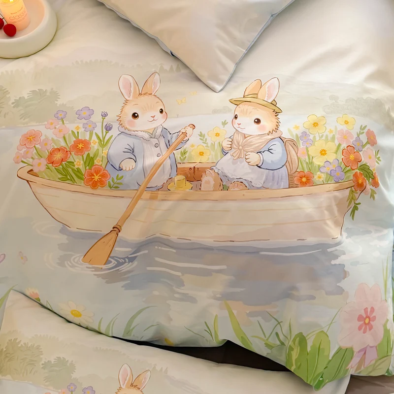 Romantic satin bedding set with floral watercolor illustration and moon bunny application Stornfield