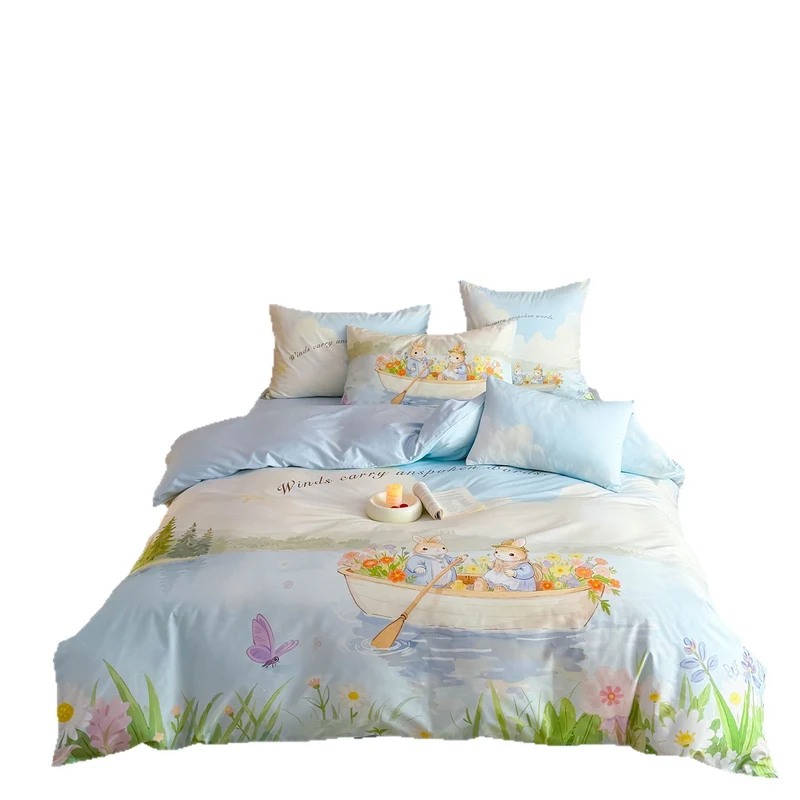 Romantic satin bedding set with floral watercolor illustration and moon bunny application Stornfield