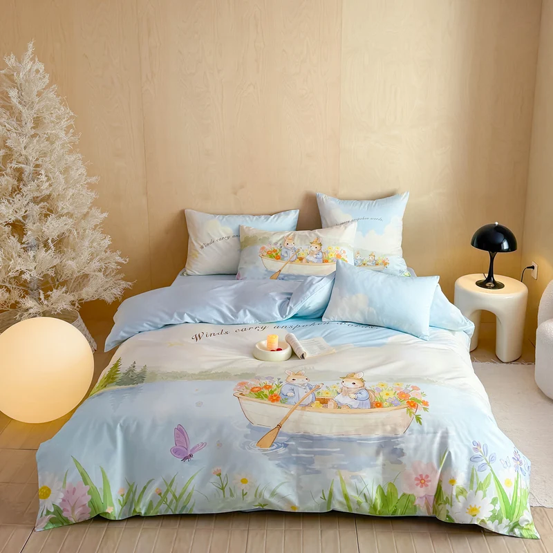 Romantic satin bedding set with floral watercolor illustration and moon bunny application Stornfield