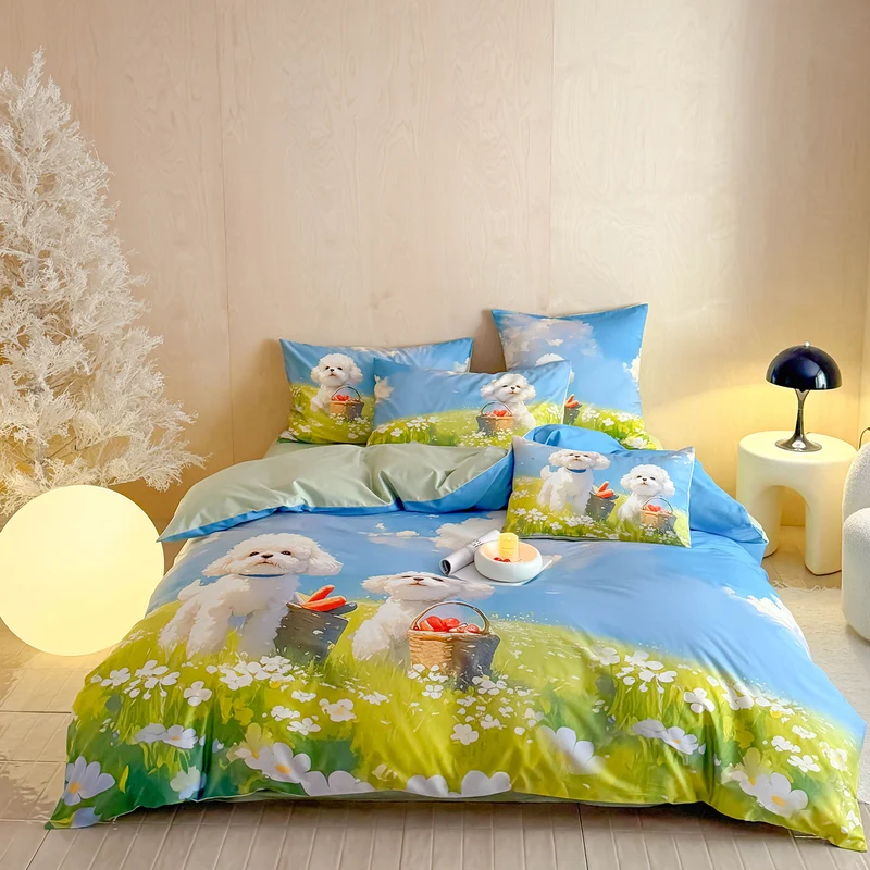 Romantic satin bedding set with floral watercolor illustration and moon bunny application Stornfield