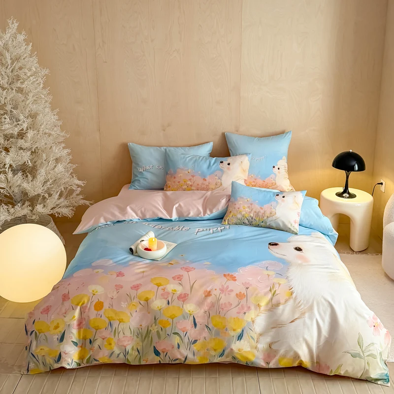 Romantic satin bedding set with floral watercolor illustration and moon bunny application Stornfield