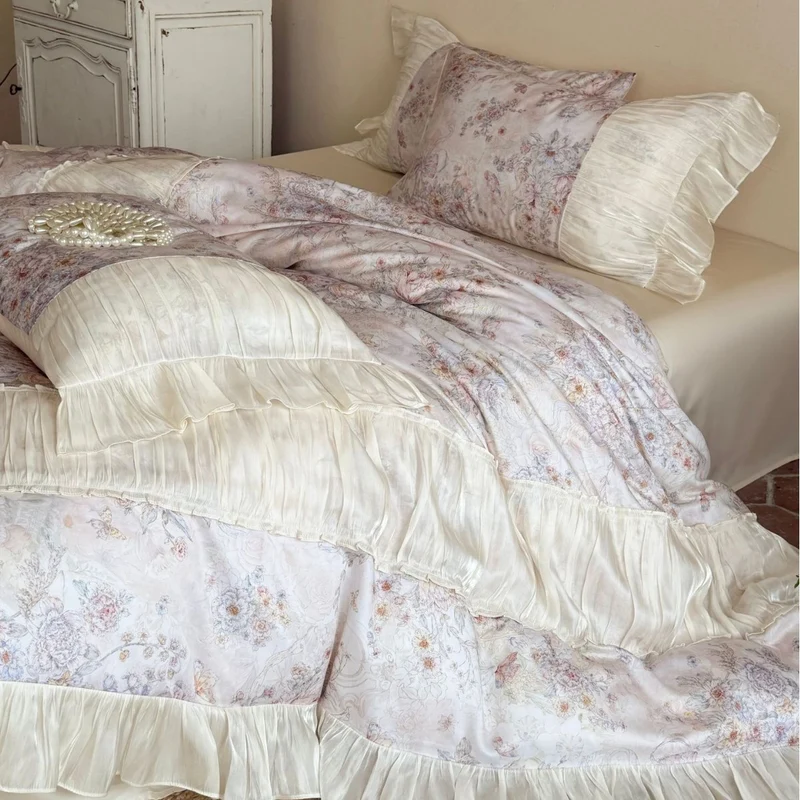 Romantic bed linen set made of cotton satin with floral vintage print and pleated ruffles Stornfield