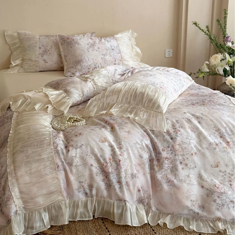 Romantic bed linen set made of cotton satin with floral vintage print and pleated ruffles Stornfield