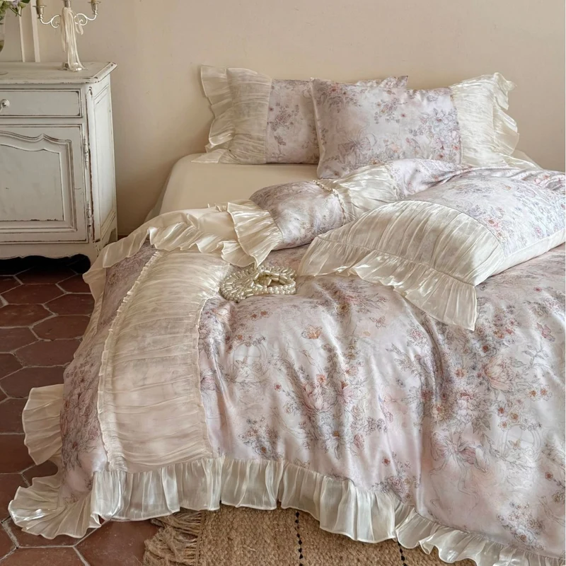 Romantic bed linen set made of cotton satin with floral vintage print and pleated ruffles Stornfield