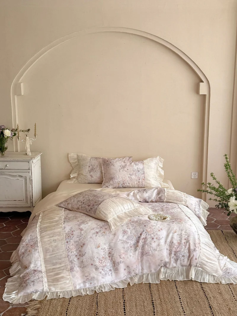 Romantic bed linen set made of cotton satin with floral vintage print and pleated ruffles Stornfield