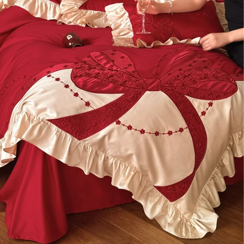 Premium Satin Bed Set with Ruffle Frill and Appliquéd Bow Embroidery Stornfield