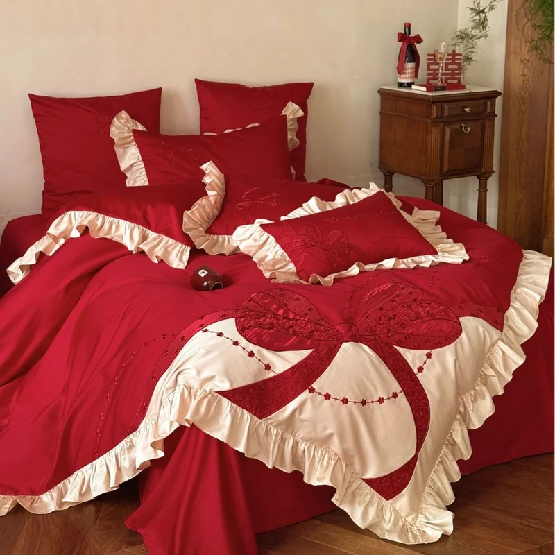 Premium Satin Bed Set with Ruffle Frill and Appliquéd Bow Embroidery Stornfield