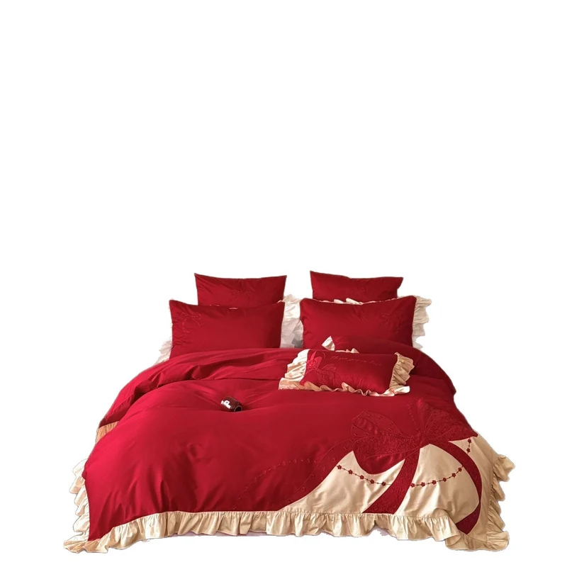 Premium Satin Bed Set with Ruffle Frill and Appliquéd Bow Embroidery Stornfield