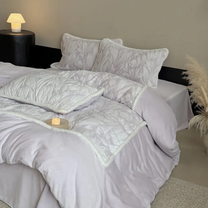 Premium bedding set with relief-stitched plush pattern and soft frill Stornfield