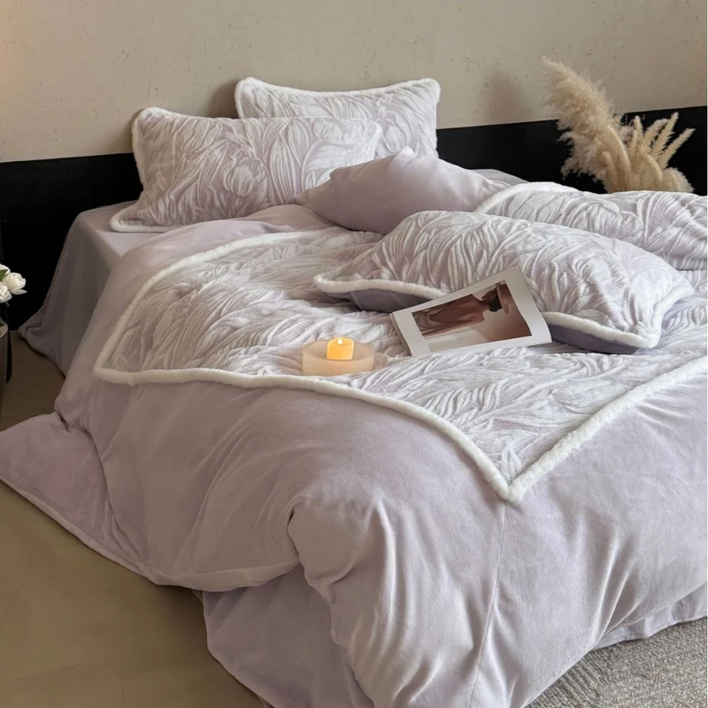 Premium bedding set with relief-stitched plush pattern and soft frill Stornfield