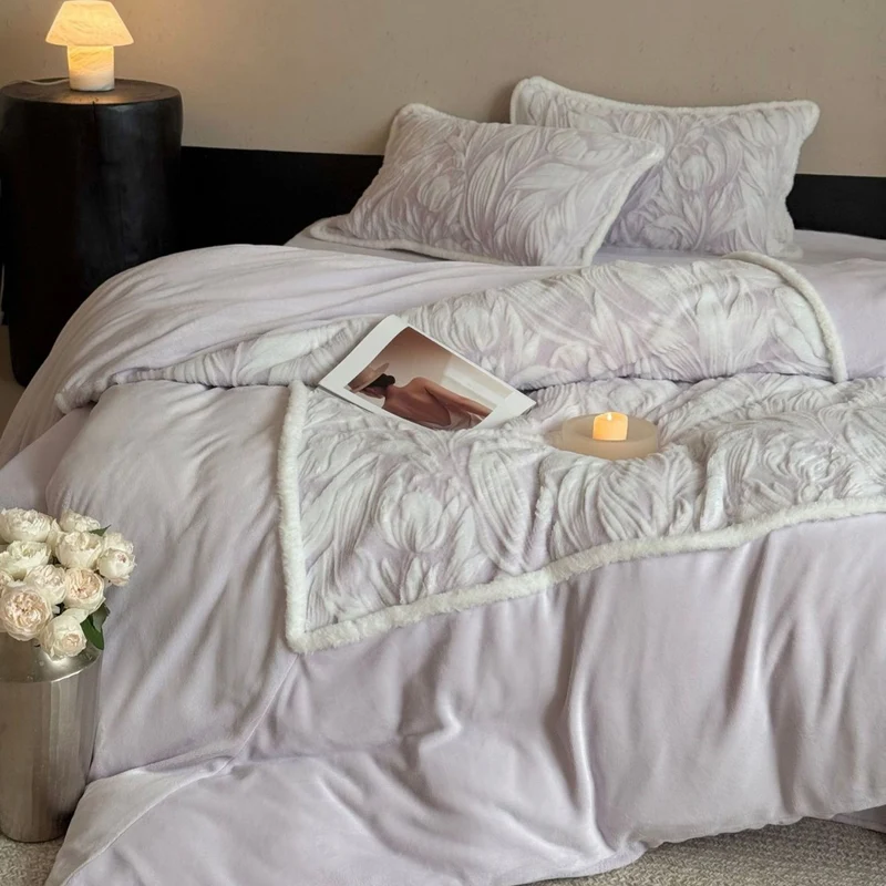 Premium bedding set with relief-stitched plush pattern and soft frill Stornfield