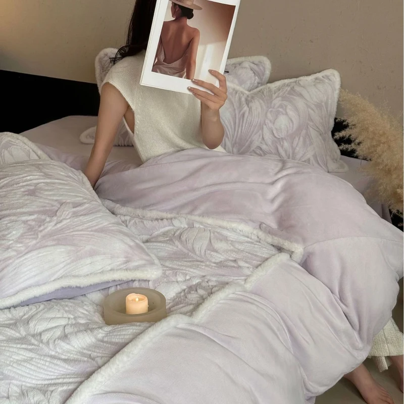 Premium bedding set with relief-stitched plush pattern and soft frill Stornfield
