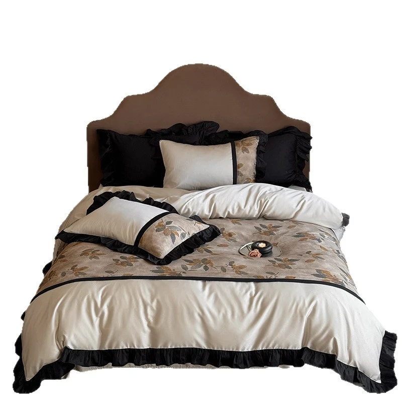 Premium bedding set made of fine satin with botanical jacquard and decorative ruffle Stornfield