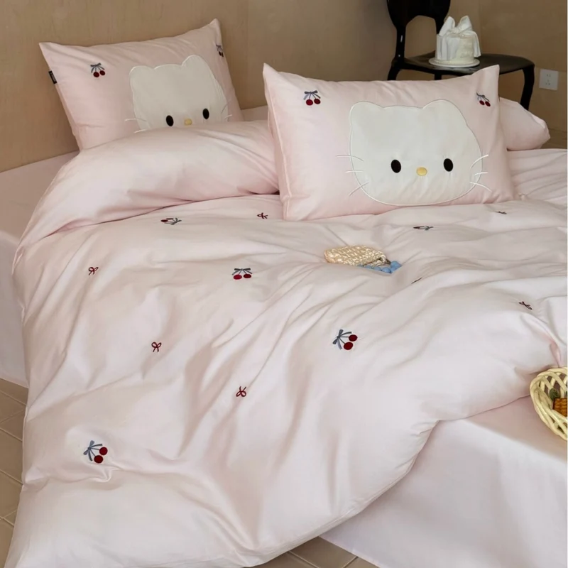 Cute embroidered bedding set with cat applique and cherry motif Stornfield