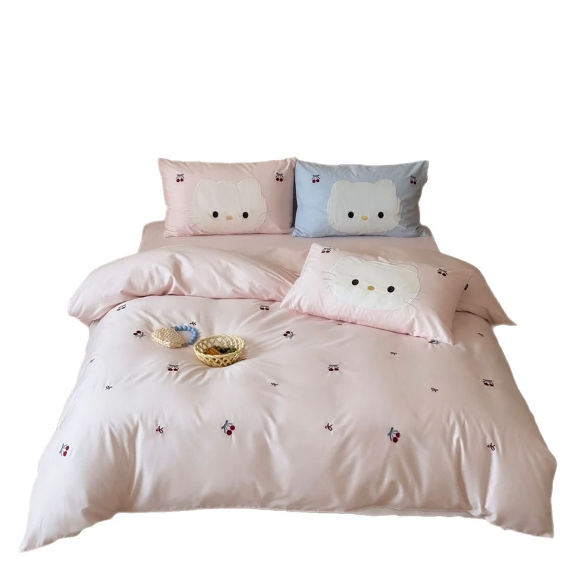 Cute embroidered bedding set with cat applique and cherry motif Stornfield