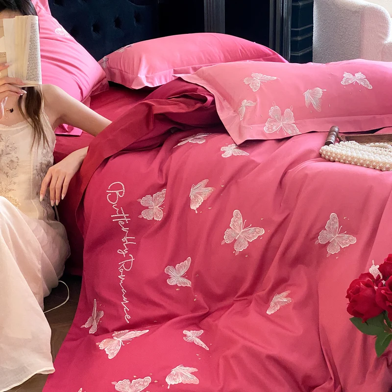 Luxury satin bedding set with embroidered butterfly appliqués Stornfield