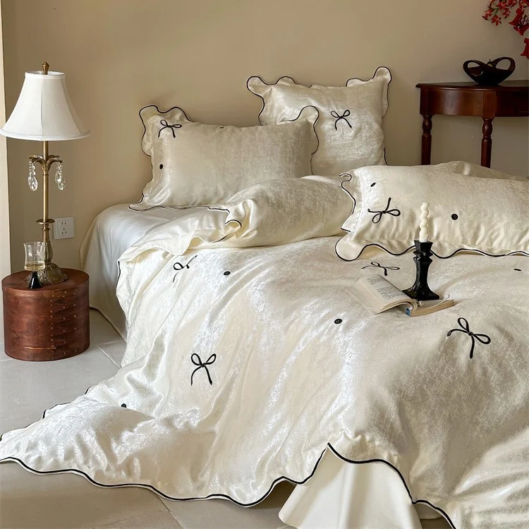 Luxurious Satin Bed Linen Set with Bow Embroidery and Piping Stornfield