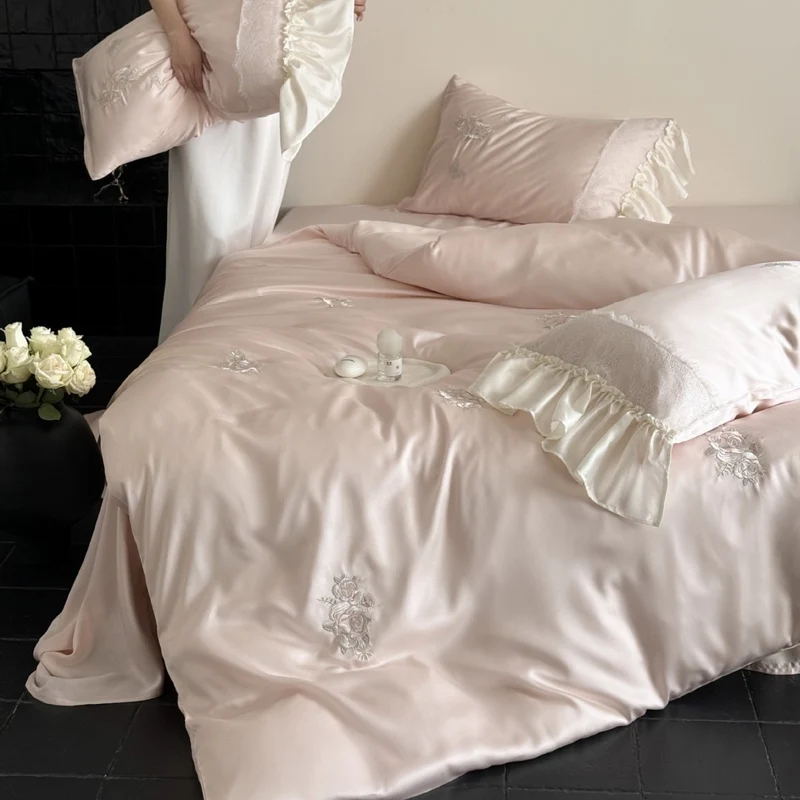 Luxurious satin bedding set with ruffles and embroidery Stornfield