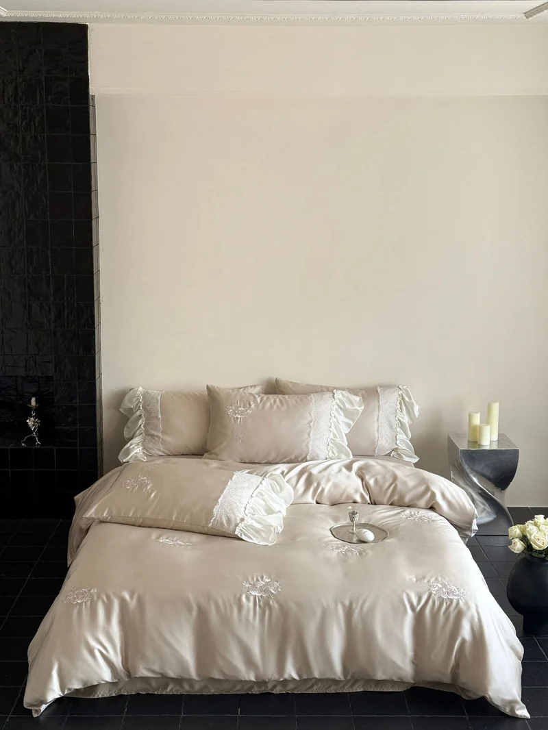 Luxurious satin bedding set with ruffles and embroidery Stornfield