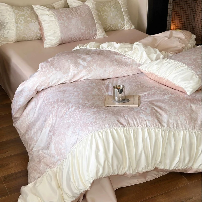 Luxurious satin bedding set with ruffles and floral jacquard Stornfield
