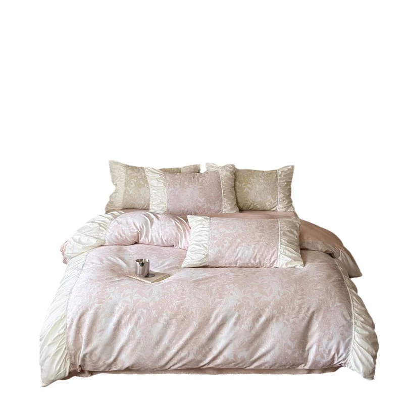Luxurious satin bedding set with ruffles and floral jacquard Stornfield