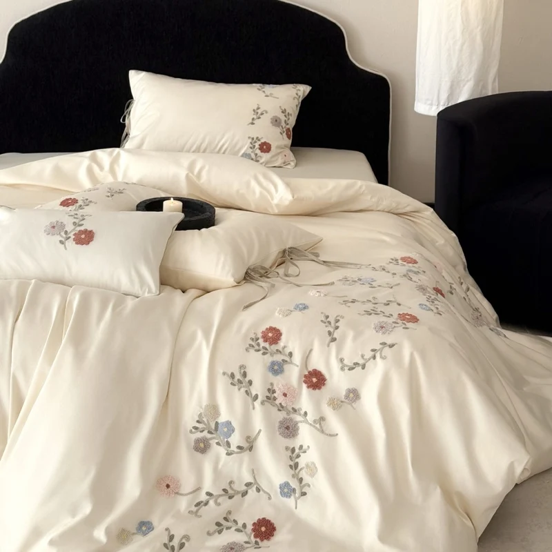 Luxurious satin bedding set with floral embroidery and pillowcases Stornfield