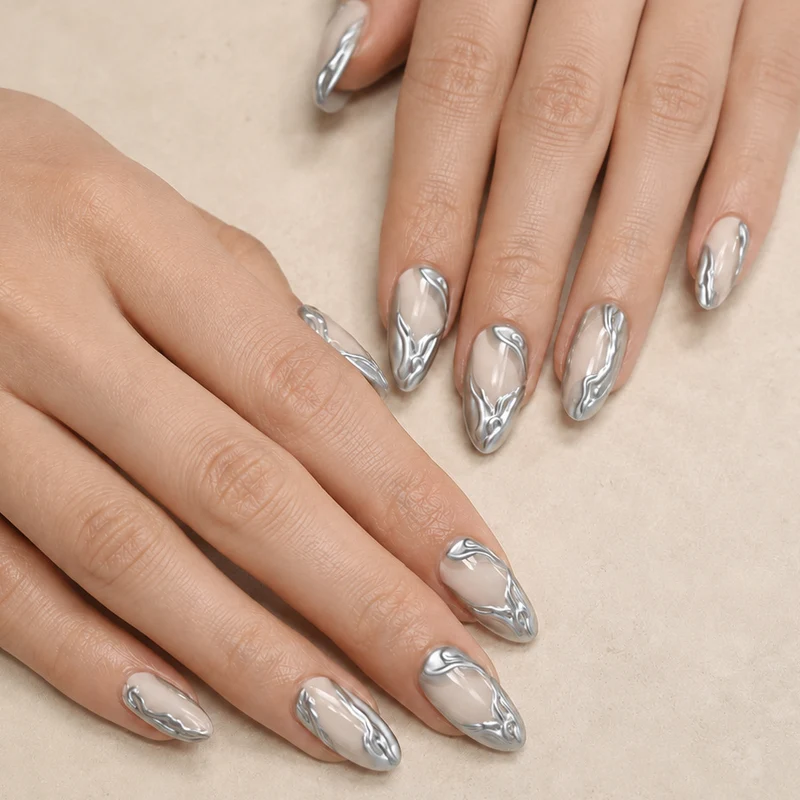Elegante metallische Marmor Press-On Nagelkunst Karnz