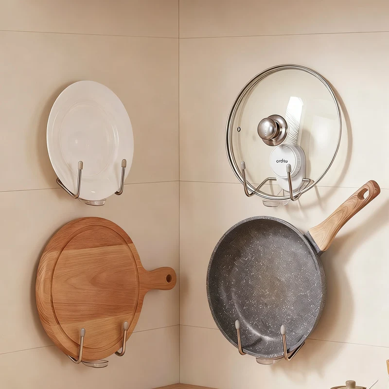 Wall-mounted pot lid and cutting board holder with suction cup