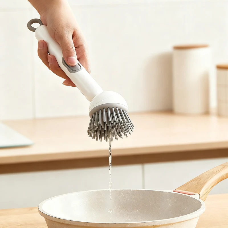 Pot brush with long handle and liquid dispenser