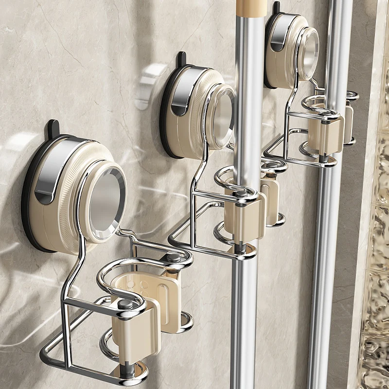 Suction cup wall holder for mop and broom without drilling