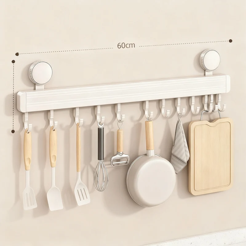 Suction cup kitchen hook rail, wall-mounted
