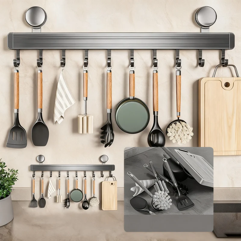 Suction cup kitchen hook rail made of aluminum