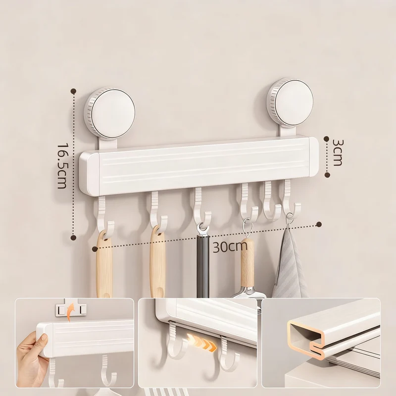 Suction cup kitchen hook rail made of aluminum