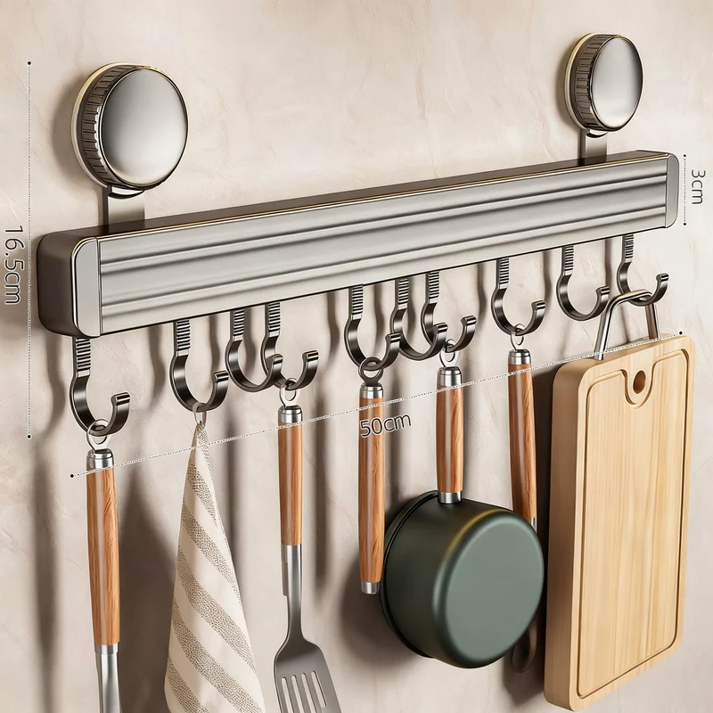 Suction cup kitchen hook rail made of aluminum