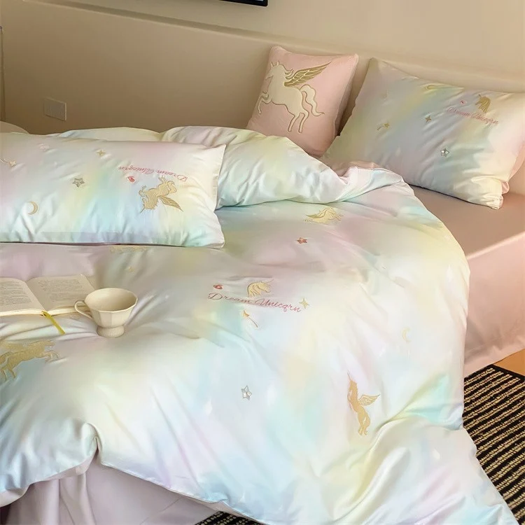 Children's bedding set with unicorn print, pastel gradient and cotton satin Stornfield