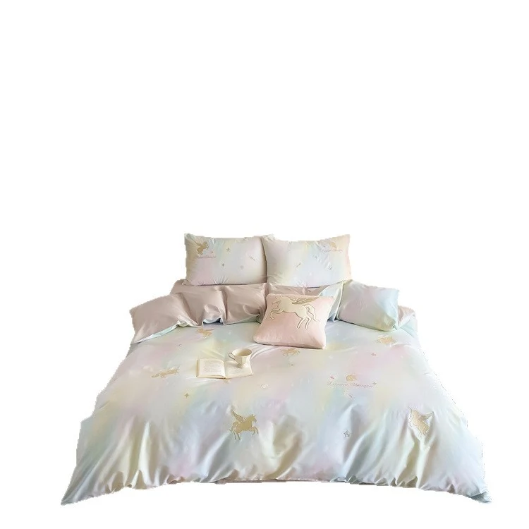 Children's bedding set with unicorn print, pastel gradient and cotton satin Stornfield